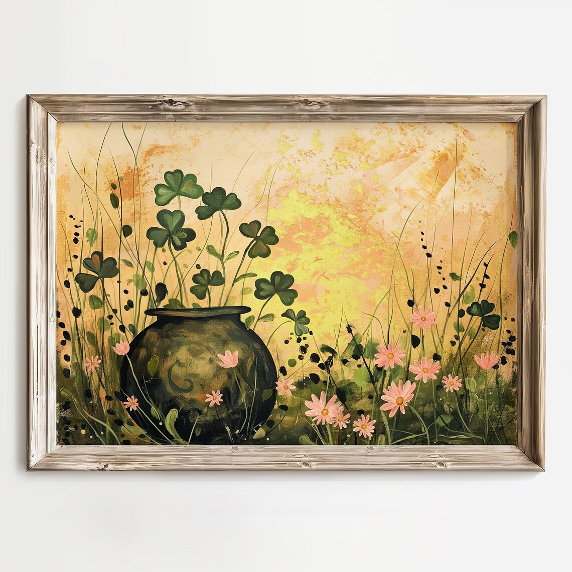 Pot of Gold with Shamrocks and Pink Daisies Golden Sunset Art Poster