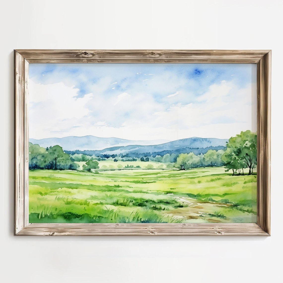 Watercolor Green Meadow Valley Blue Mountains Spring Landscape Poster