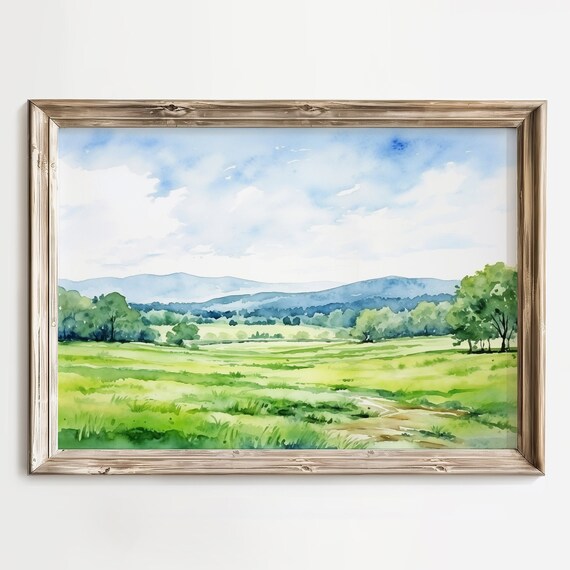 Watercolor Green Meadow Valley Blue Mountains Spring Landscape Poster
