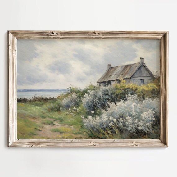 Rustic Cottage by the Sea Surrounded by Wildflowers Coastal Poster