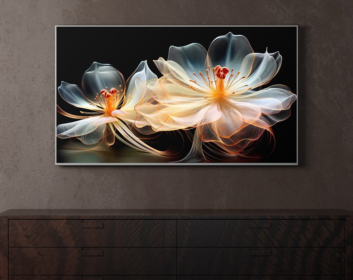 Ethereal Translucent Flowers On Black Abstract Floral Wall Art