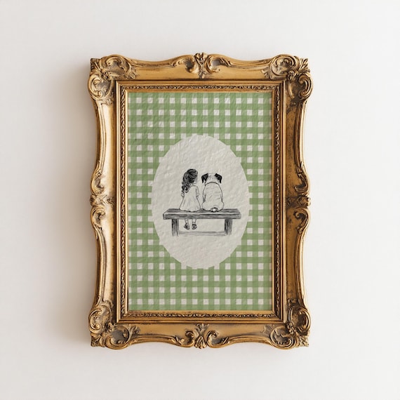 Watercolor Girl And English Bulldog Art Print Green Nursery Decor Vintage Dog Sketch Gingham Coquette