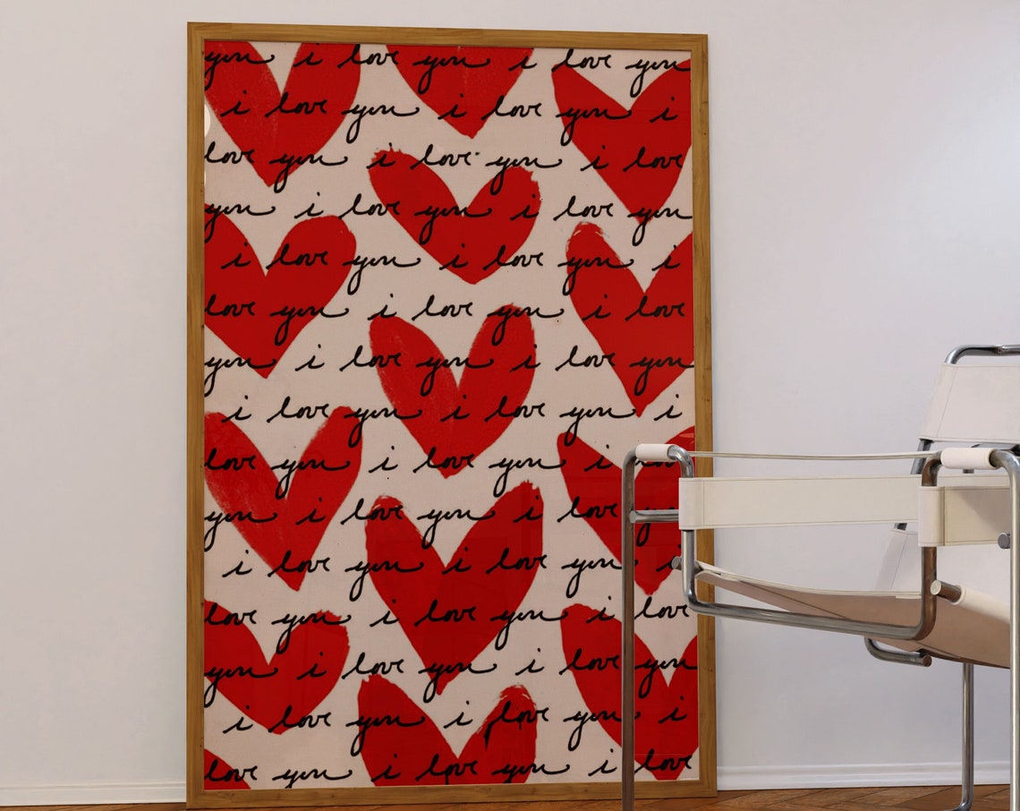 Red Hearts I Love You Script Pattern Bold Romantic Love Poster