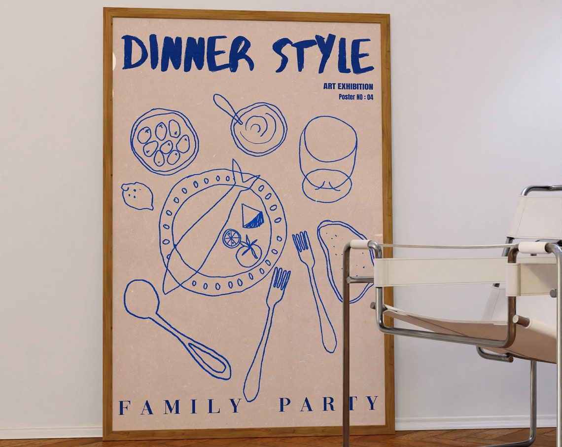 Dinner Style Blue Line Art Table Setting Art Exhibition No 04 Poster