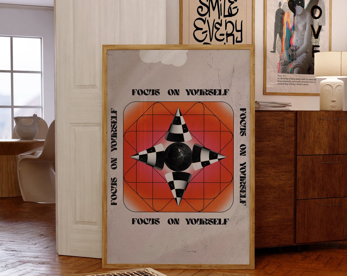 Focus On Yourself 70s Checkered Star Psychedelic Affirmation Poster