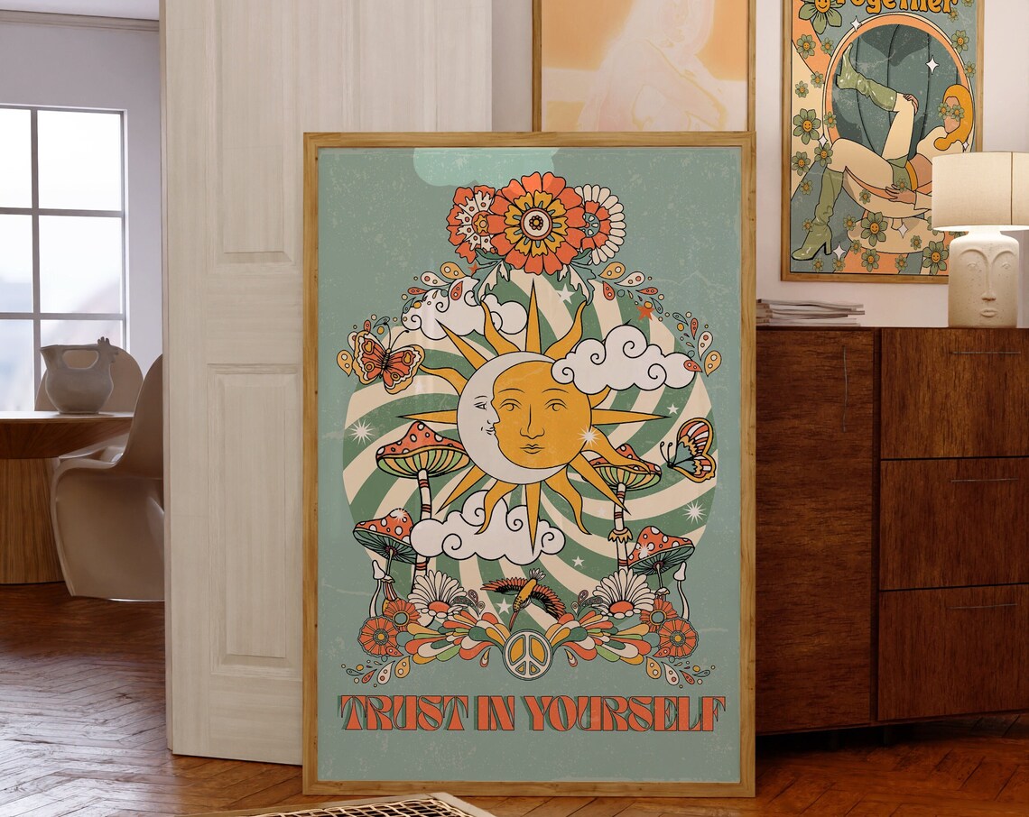 Trust in Yourself 70s Psychedelic Sun Mushroom Hippie Quote Poster