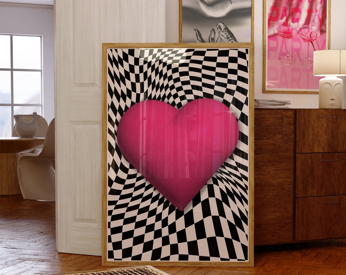 Pink 3D Heart Trippy Wavy Checkerboard Y2K Optical Art Poster