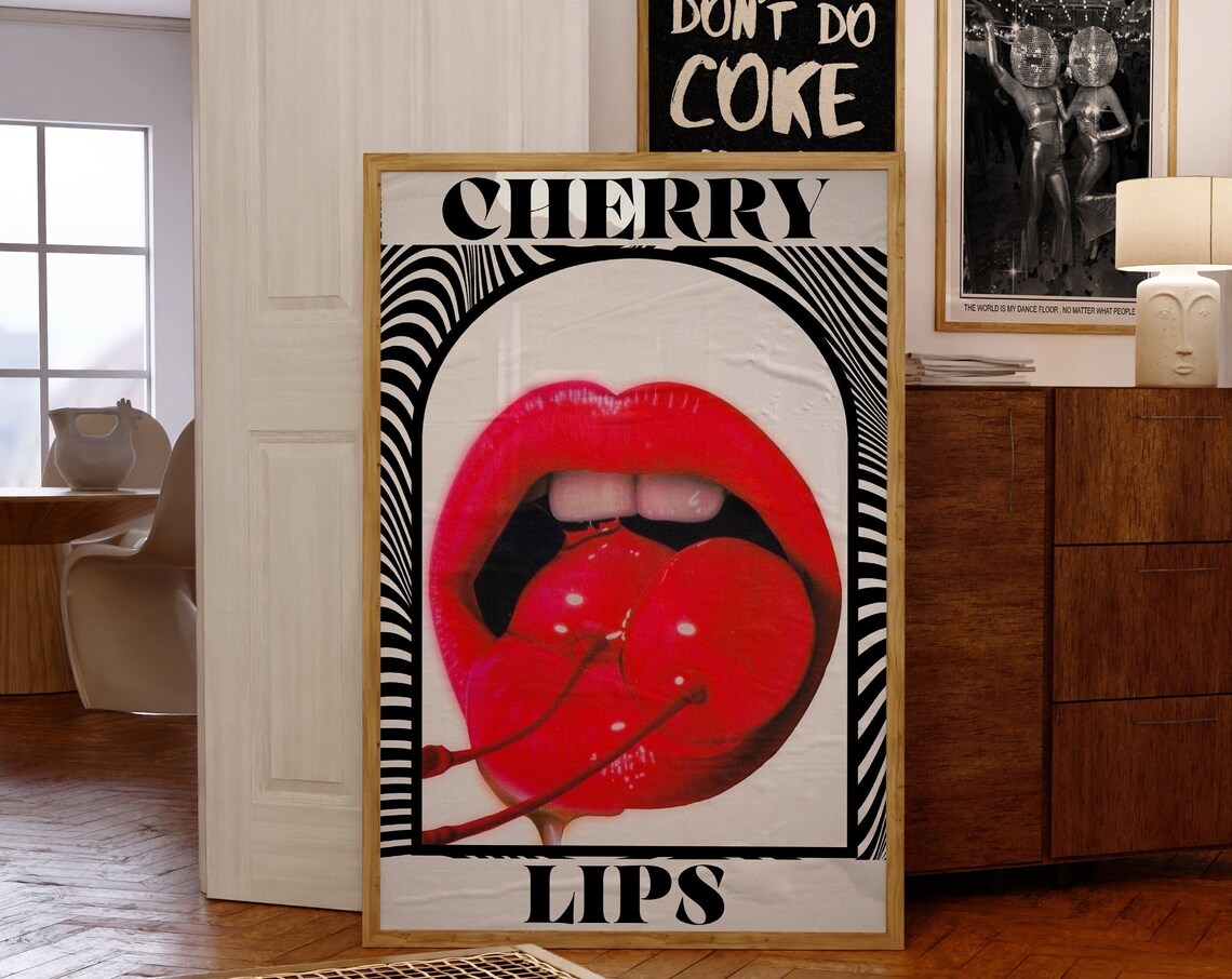 Cherry Lips 70s Retro Psychedelic Art Print