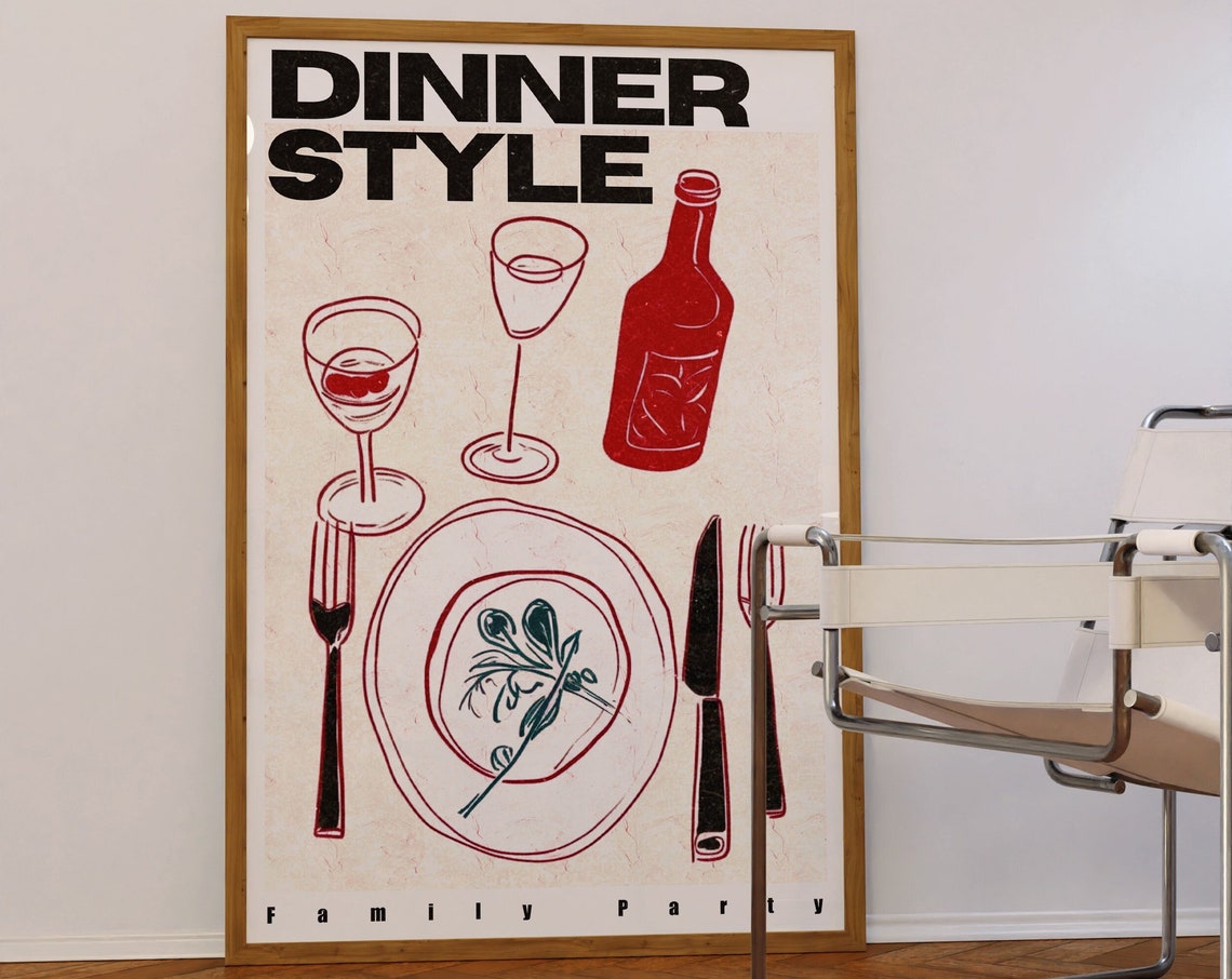 Dinner Style Red Line Art Table Setting Family Party Kitchen Poster