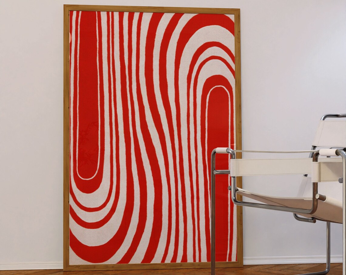 Red And White Swirls 70s Psychedelic Abstract Line Art Poster