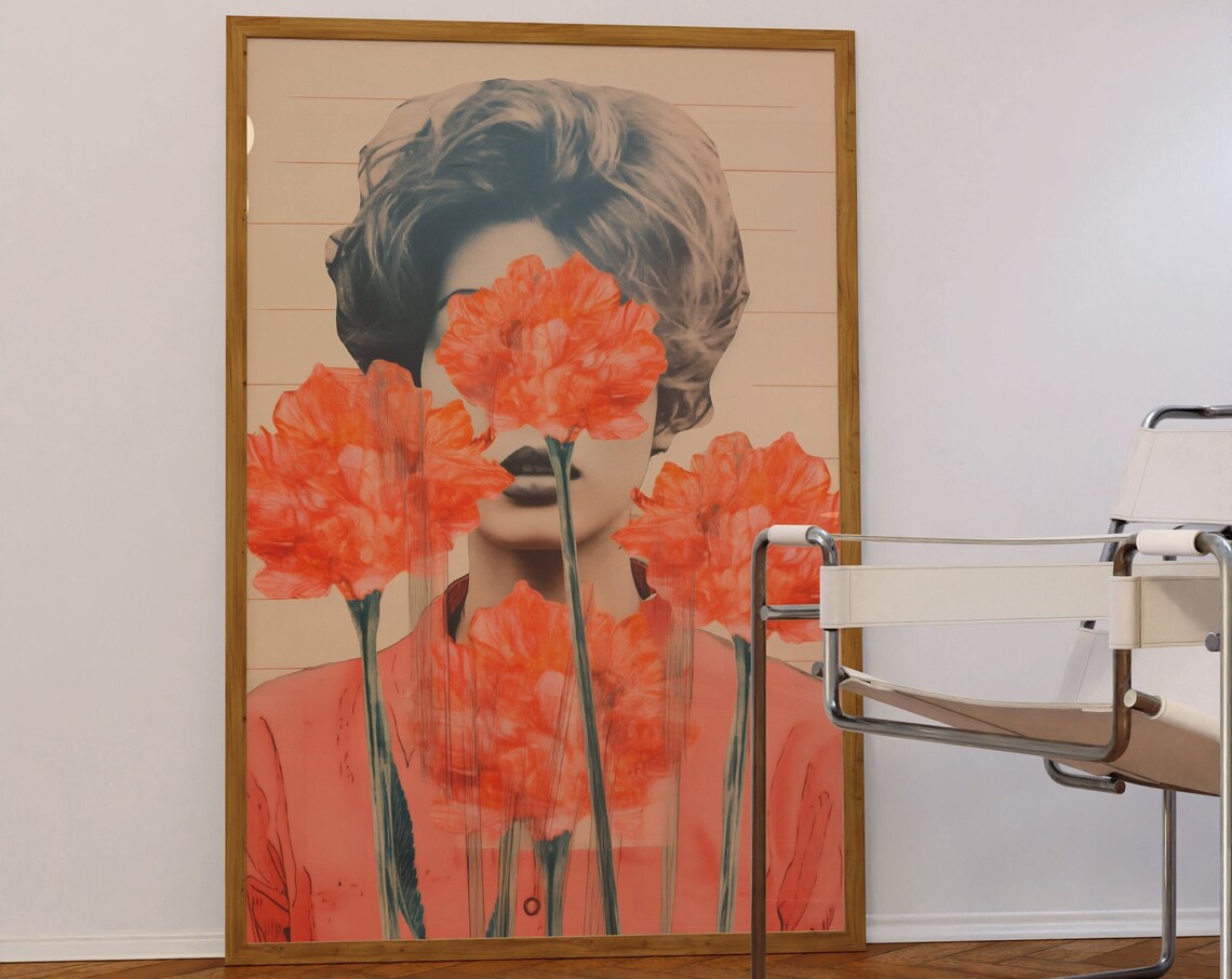 Orange Floral Woman Kitsch Retro Psychedelic Portrait Poster
