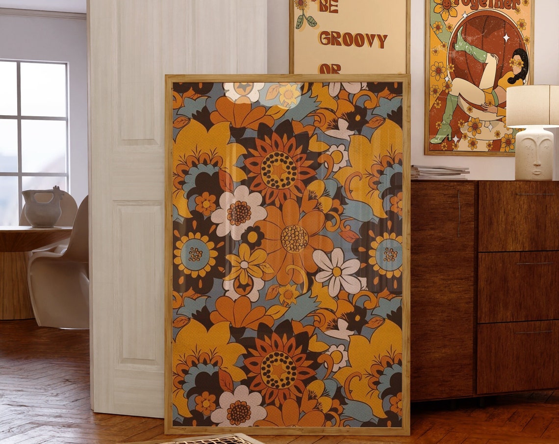 Retro 70s Psychedelic Floral Pattern Orange Teal Bloom Art Poster