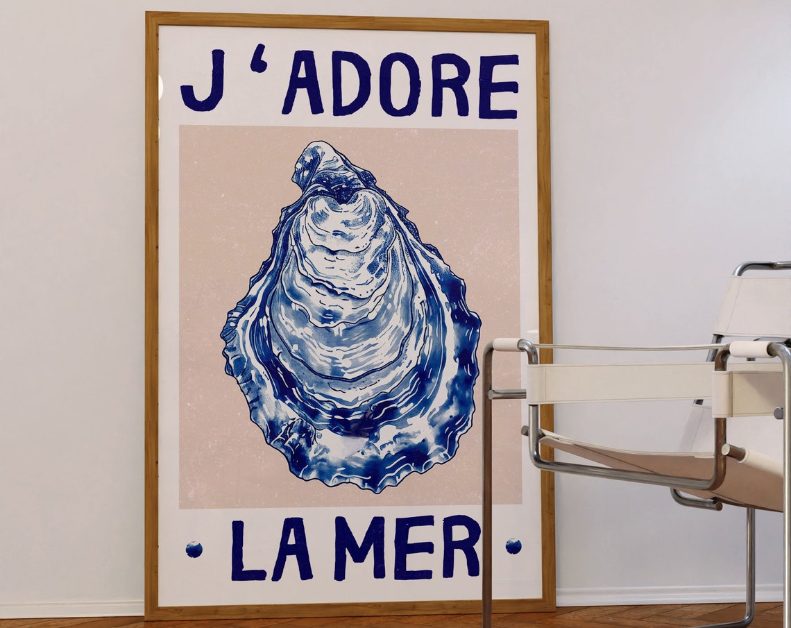 Jadore La Mer Blue Oyster French Coastal Kitchen Art Wall Poster