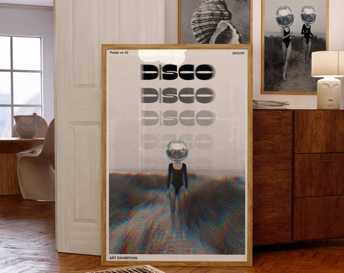 Surreal Disco Ball Head Art Exhibition Poster No 10 Retro Style