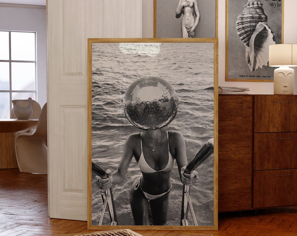 Disco Ball Head Woman Ocean Waves Black And White Collage Poster