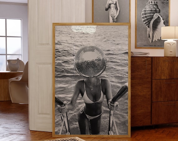 Disco Ball Head Woman Ocean Waves Black And White Collage Poster