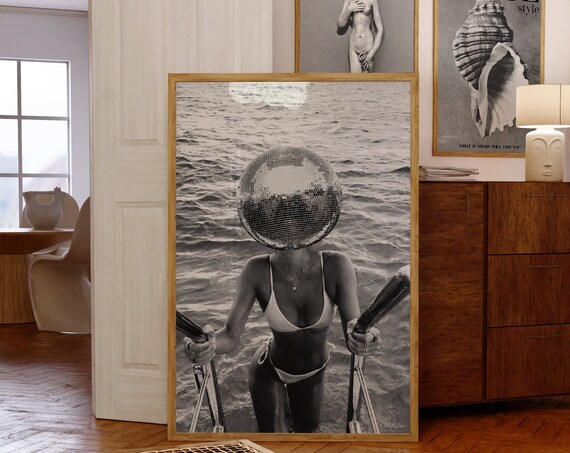 Disco Ball Woman Print 70s Retro Wall Art