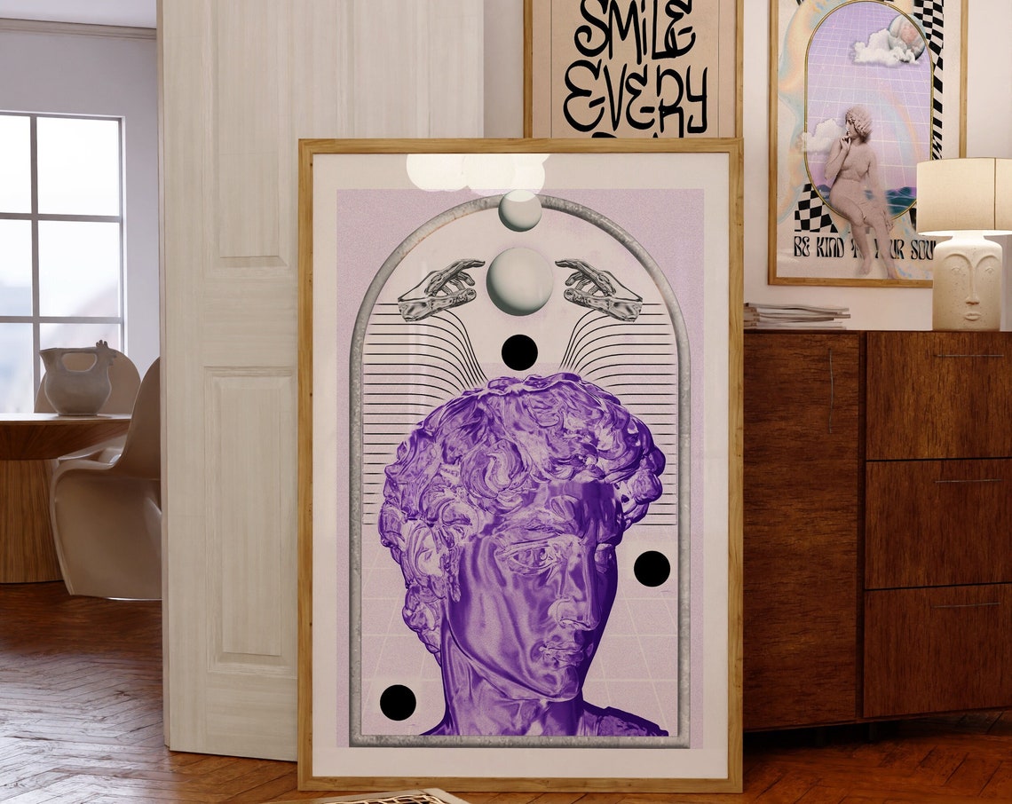 Michelangelo David Purple Psychedelic Cosmic Aura Art Poster