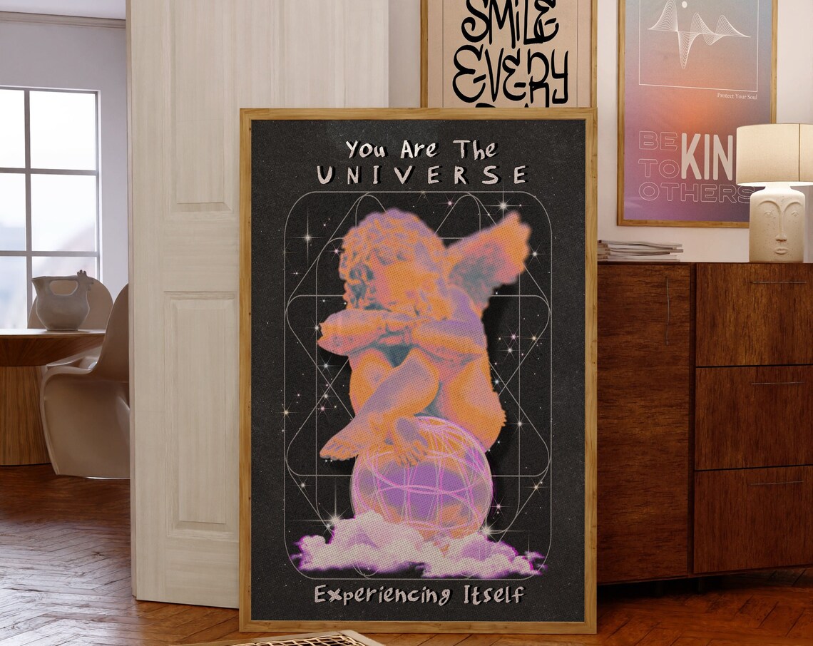 You Are The Universe Cherub Retro 70s Cosmic Angel Black Art Poster