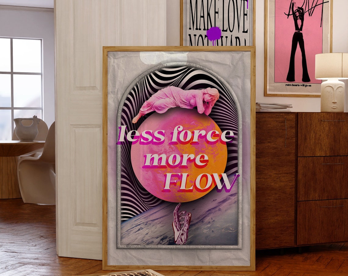 Less Force More Flow Retro Psychedelic Aura Sunset Quote Wall Art