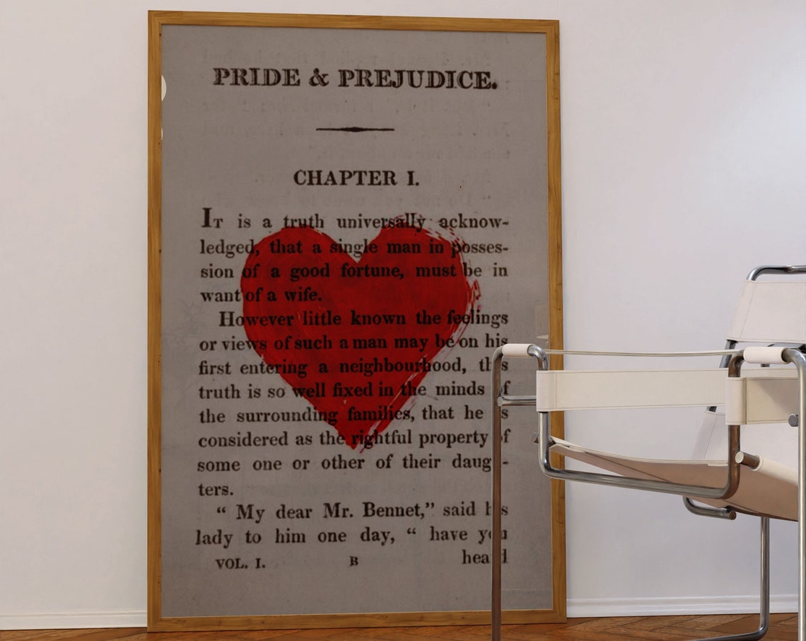 Pride And Prejudice Red Heart Chapter One Book Page Romance Poster