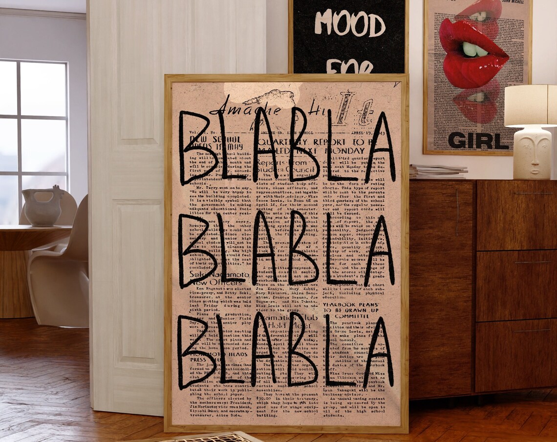 Blah Blah Blah Bold Black Typography Newspaper Collage Art Poster