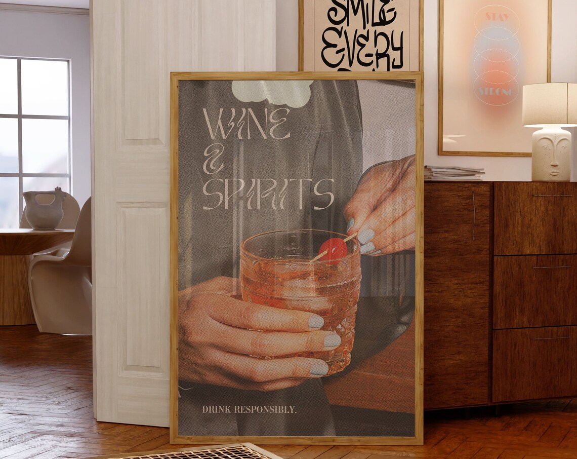 Wine And Spirits Cherry Cocktail Vintage Bar Kitchen Moody Art Poster