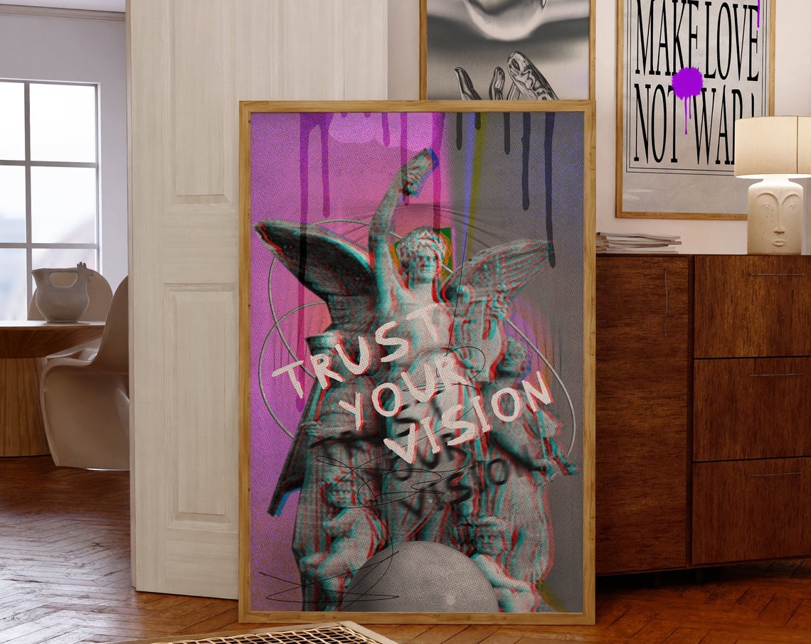 Trust Your Vision Psychedelic Winged Statue Glitch Art Poster
