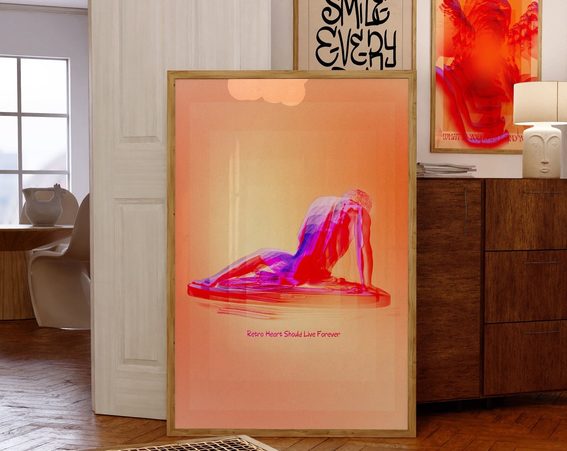Retro Heart Should Live Forever Psychedelic Neon Figure 70s Art Poster