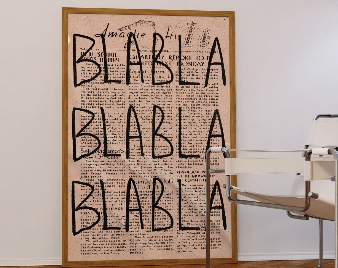 Blah Blah Blah Repeated Typography Vintage Newspaper Art Poster