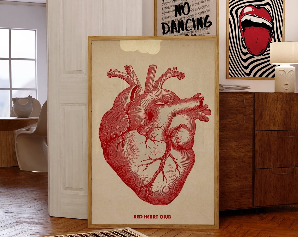 Red Heart Poster, Vintage 70s Retro Wall Art