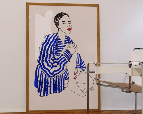 Blue Striped Dress Seated Woman Modern Line Art Figure Poster