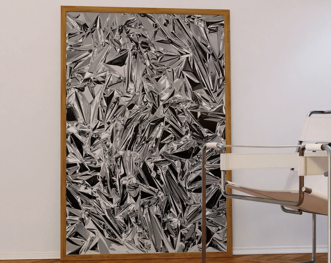 Silver Crumpled Foil Metallic Black Abstract Modern Art Poster