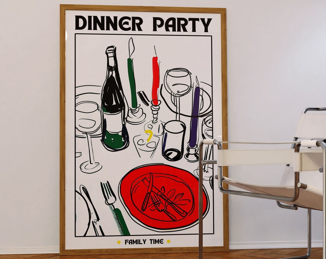 Dinner Party Family Time Retro Table Setting Line Art Poster
