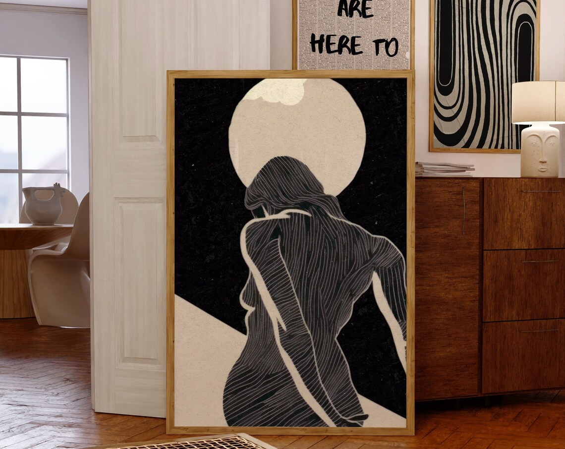 Abstract Woman Line Art Under Moon Black Minimalist Figure Poster