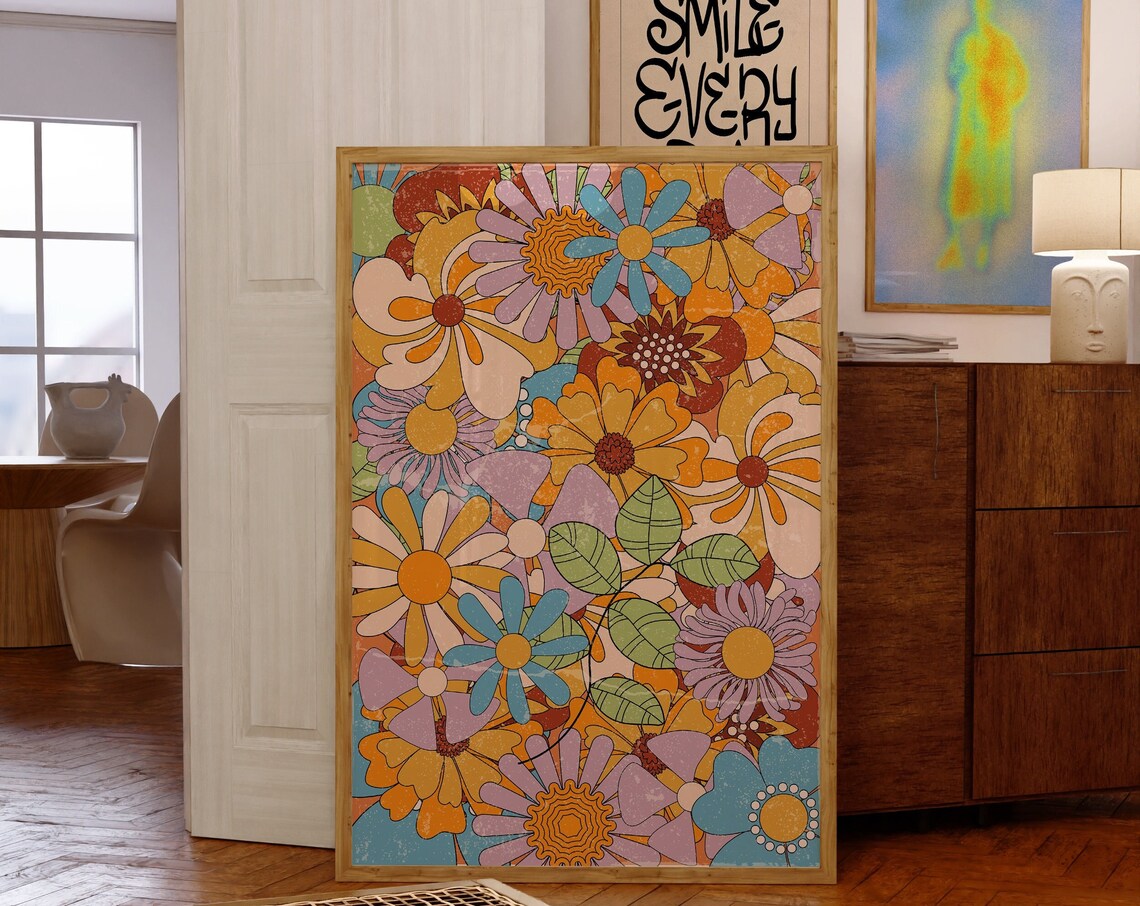 70s Floral Art Print, Retro Psychedelic Decor