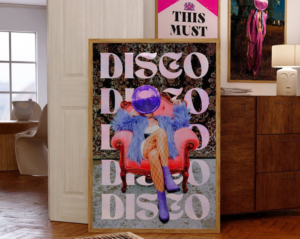 Retro Disco Collage 70s Party Night Disco Ball Head Art Poster