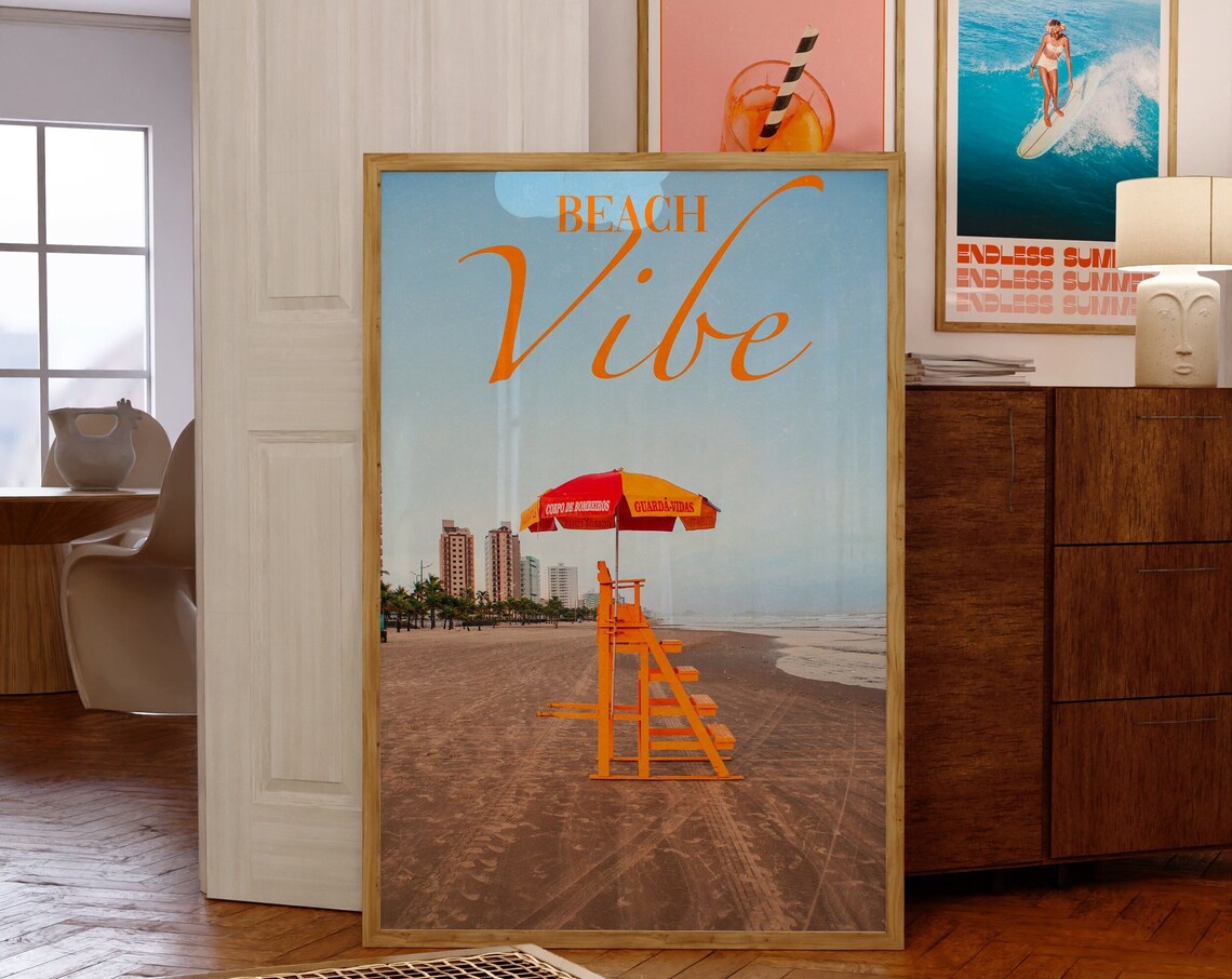 Beach Vibe Orange Lifeguard Chair Coastal Photo Typography Poster