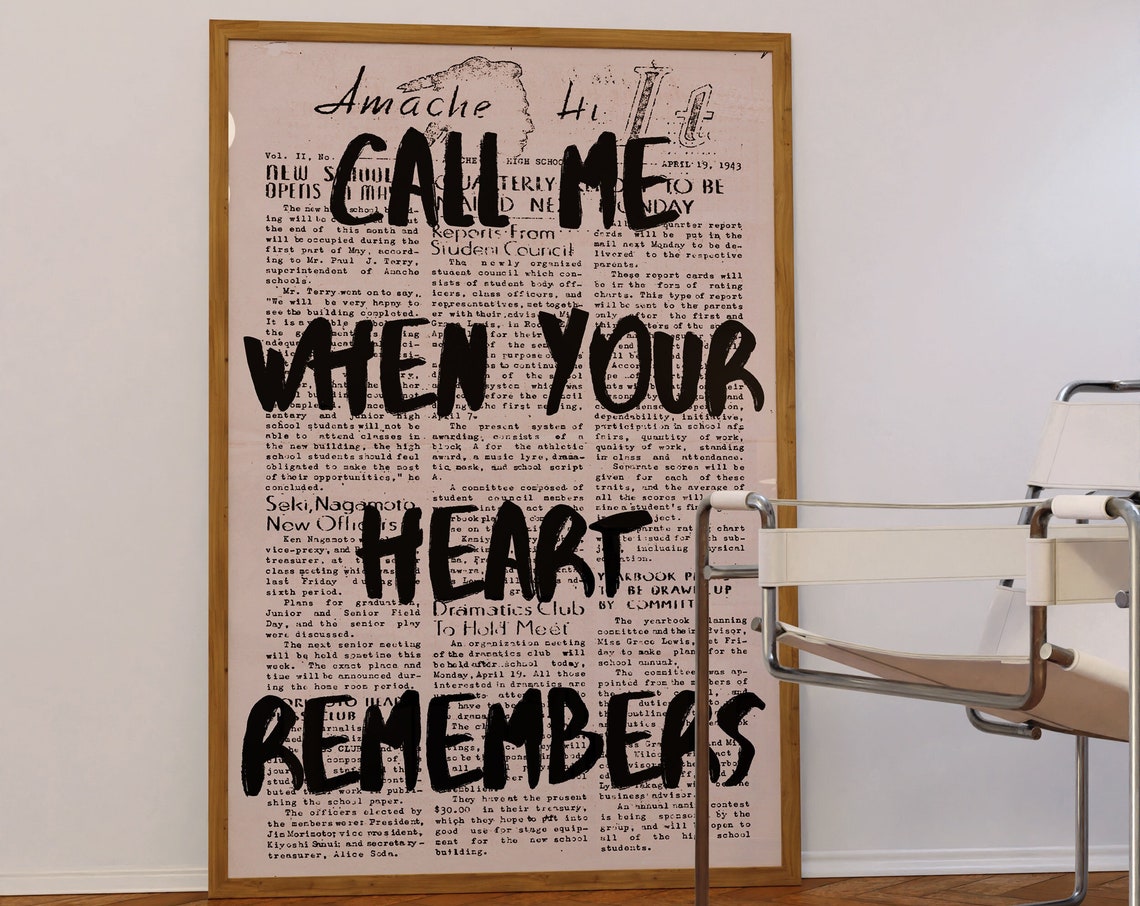 Call Me When Your Heart Remembers Newspaper Typography Art Poster