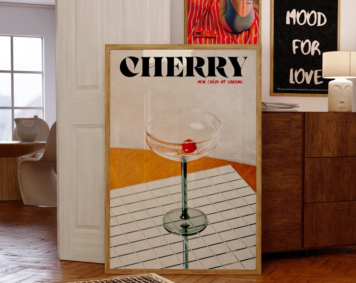 Retro Cherry Cocktail Poster, 70s Funky Kitchen
