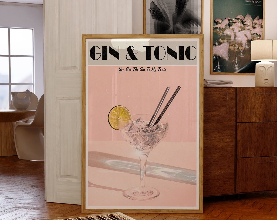 Retro Gin and Tonic Cocktail Quote Blush Pink Bar Cart Poster
