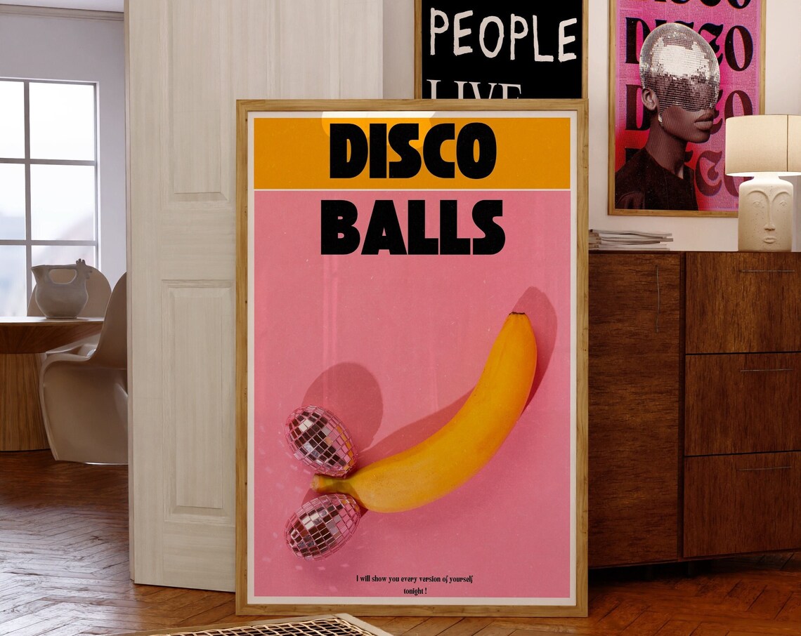 Pink Disco Ball Banana Print, 70s Retro Art Print