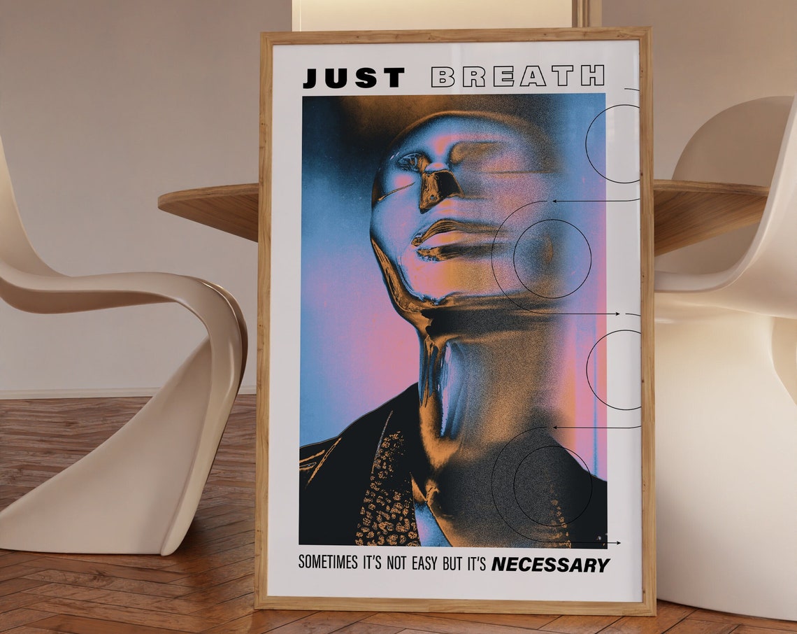 Just Breath Iridescent Chrome Face Y2K Mindfulness Quote Poster