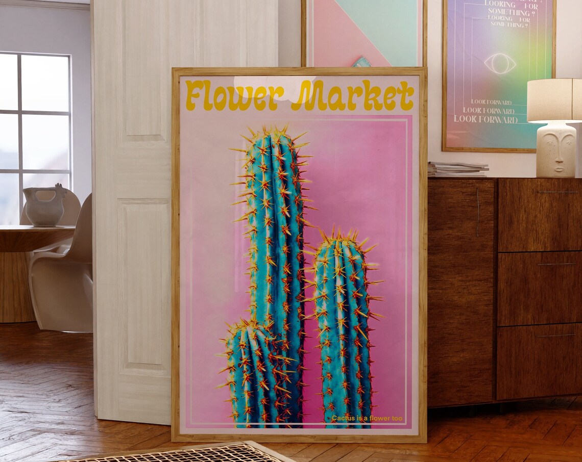 Flower Market Pink Retro Cactus Wall Decor Art Print Blue Cactus