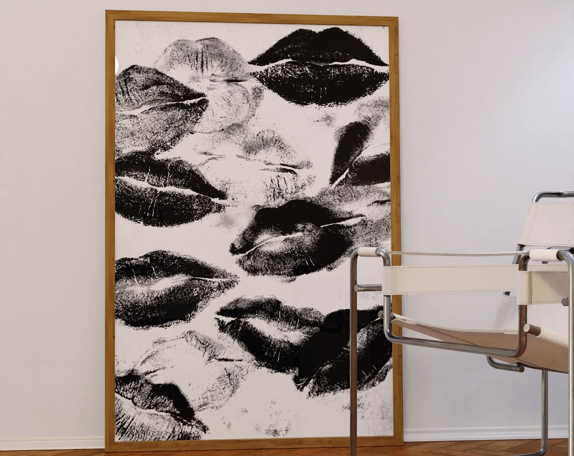 Black Lipstick Kiss Marks Monochrome Modern Pop Art Wall Poster
