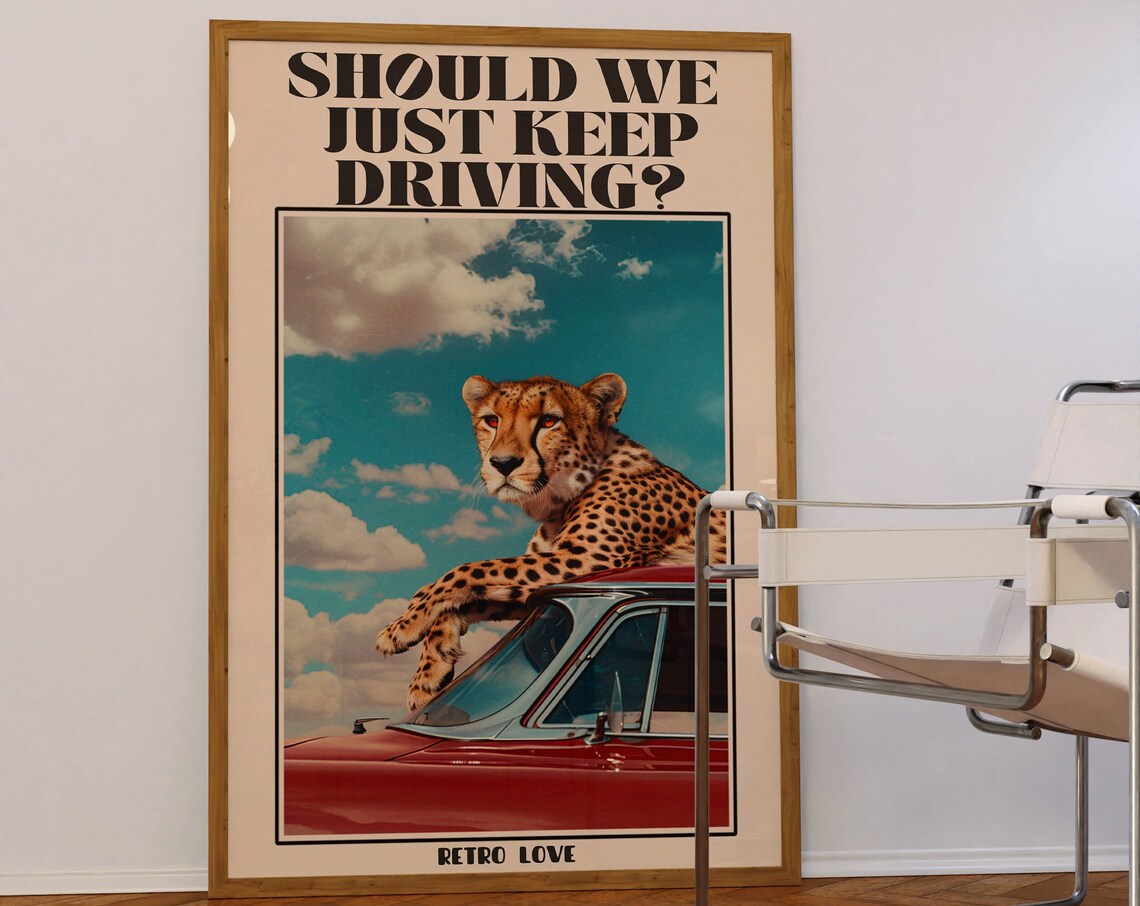 Tiger On Car Poster Trendy Psychedelic Wall Art