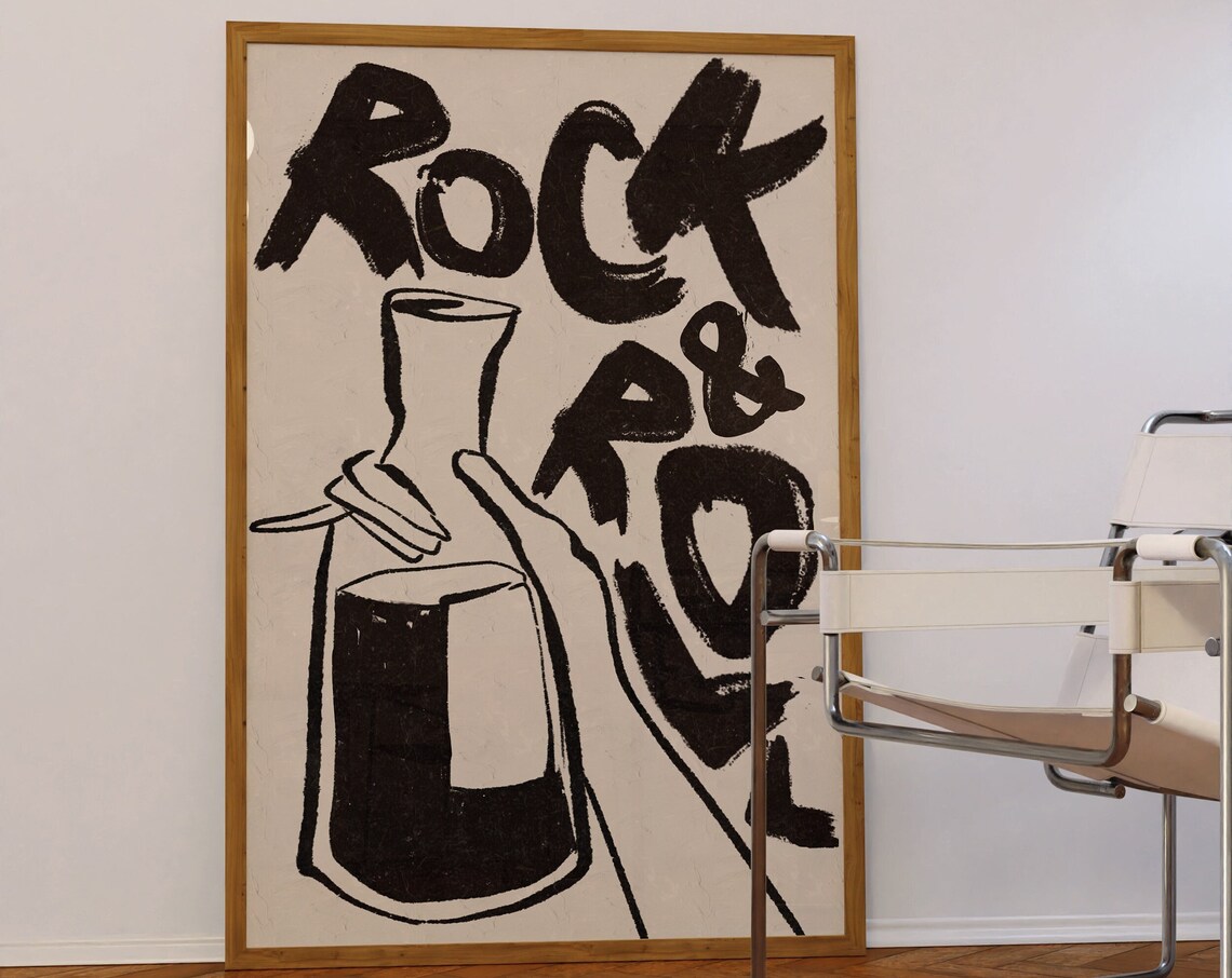 Rock And Roll Hand-Drawn Wine Decanter Line Art 70s Retro Bar Poster
