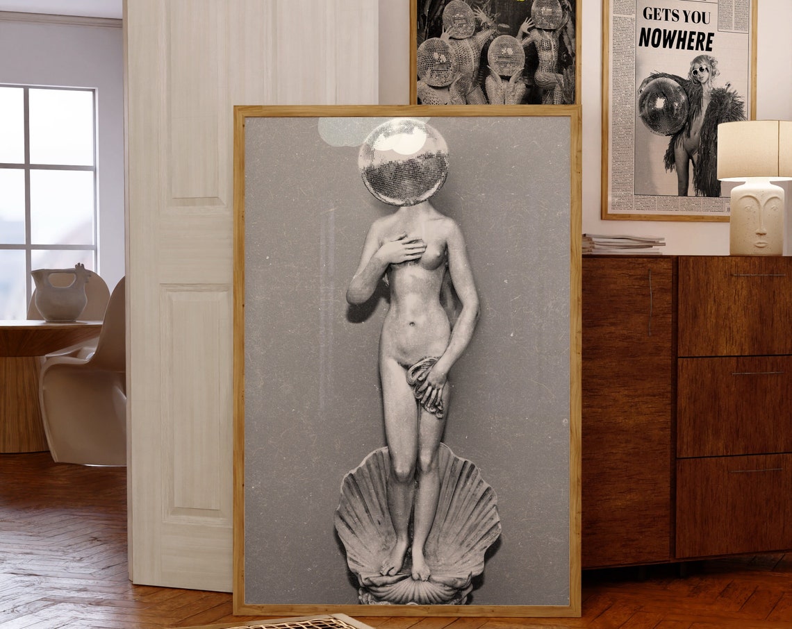 Surreal Disco Ball Head Venus Statue Monochrome Collage Poster