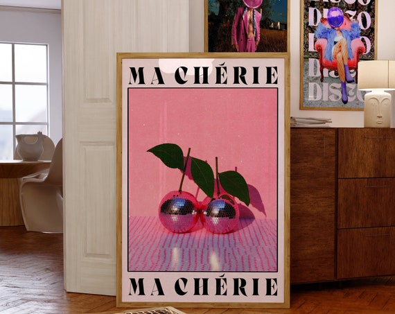 Cherry Poster Retro Wall Art 70s Print Psychedelic Pink Trendy Vintage Decor