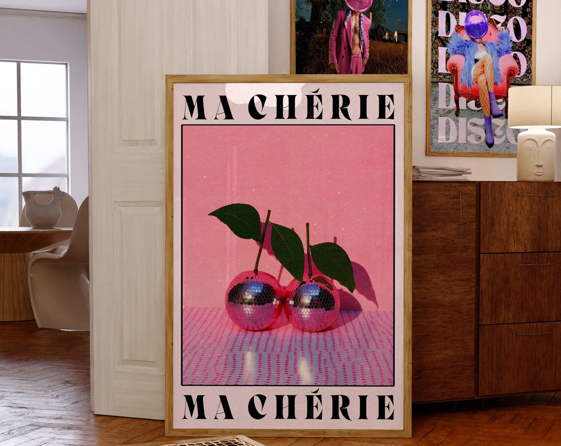 Ma Cherie Pink Disco Ball Cherries Retro 70s Pop Art Style Poster